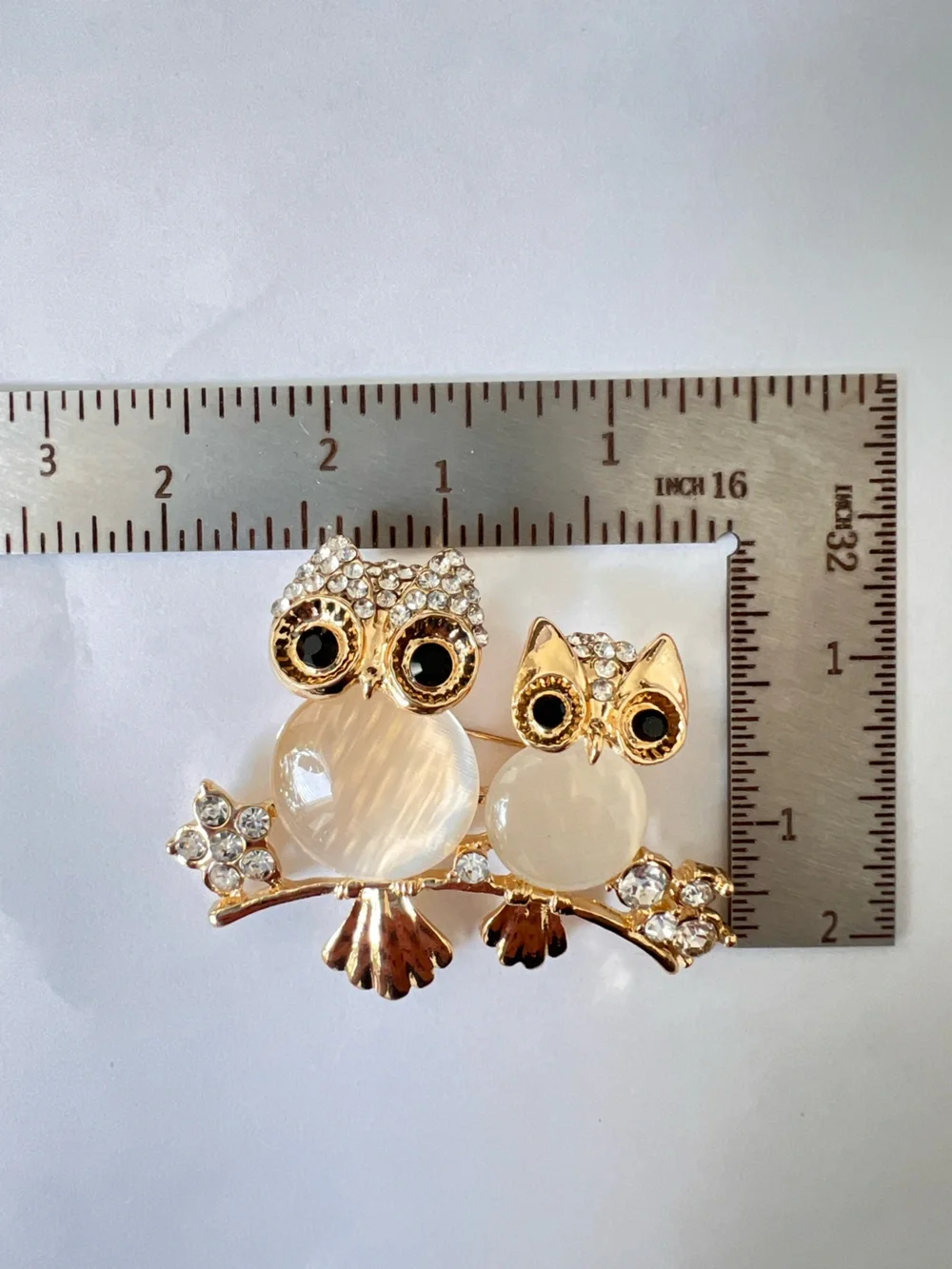 Gold Owl Duo Crystal Brooch - White Accent
